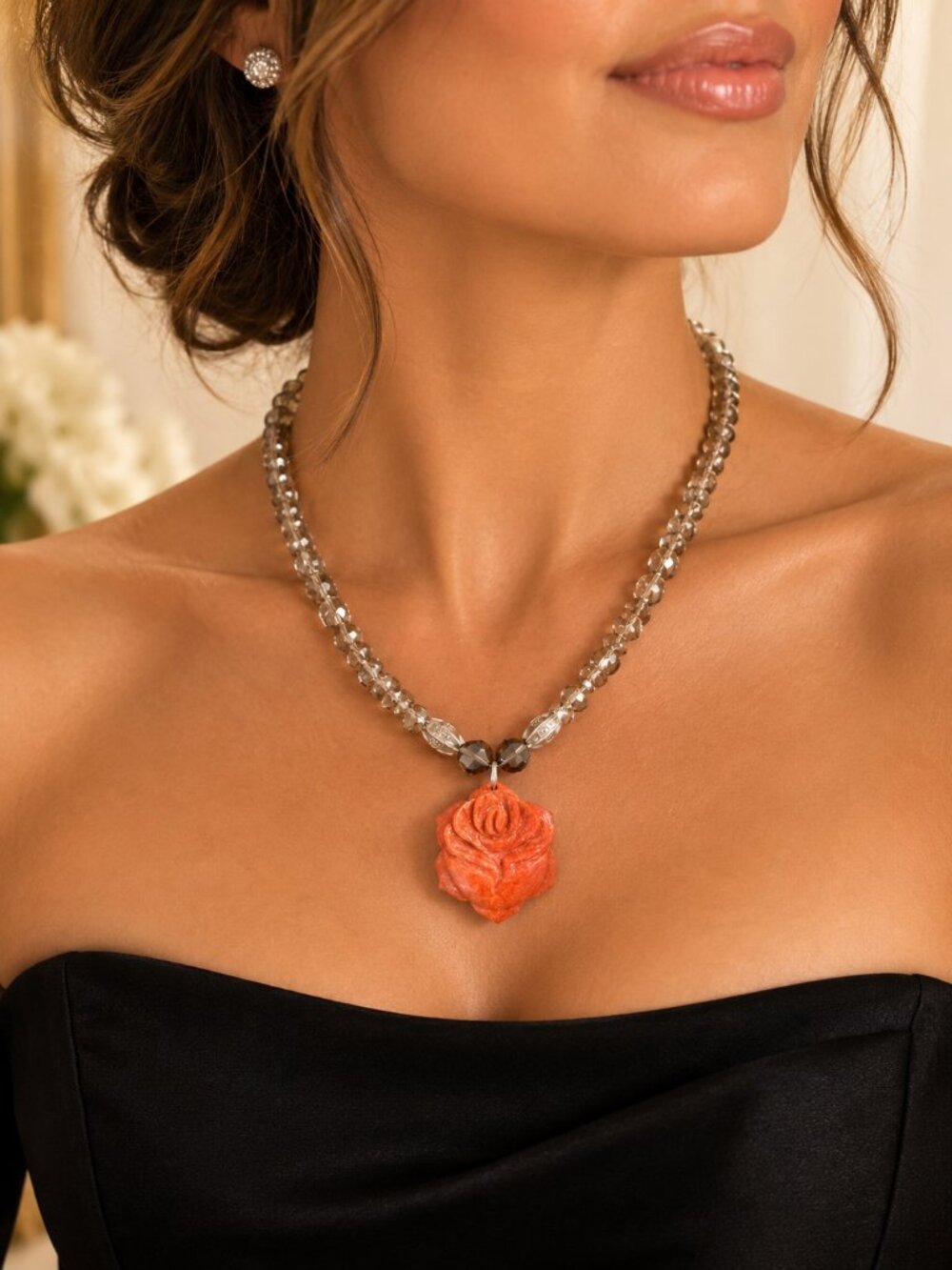 Genuine Coral Rose Pendant Crystal Beaded Necklace Carved Statement Jewelry